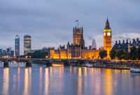 Big Ben and Westminster Bridge at dusk,