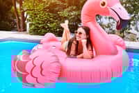 Happy girl, relax and pool with flamingo