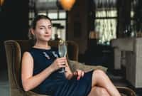 Fashionable gorgeous girl in a dark blue