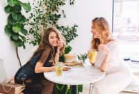 Cheerful girls in elegant dresses and trendy