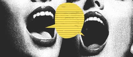 Two women scream into a yellow speech bubble – bold pop art vibes with halftone textures and rebellious retro energy.