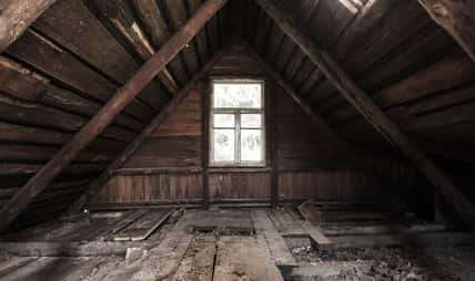 Abstract grunge interior, perspective view of an abandoned attic room with glowing window