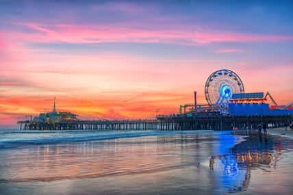 The Santa Monica Pier at sunset, Los Angeles, California.