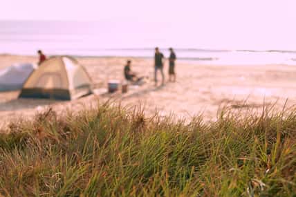 Defocus photo with view on the grass and background of camping and people at the beach near the sea