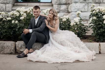 portrait of a happy bride and groom, wedding love emotions. High quality photo