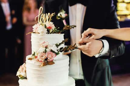 elegant pretty young bride and groom cut the wedding cake
