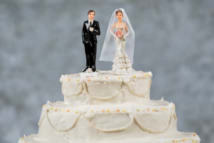 Figurines of the bride and groom on a wedding cake