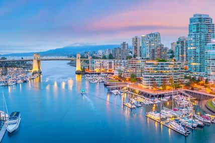 Beautiful view of downtown Vancouver skyline, British Columbia, Canada at sunset