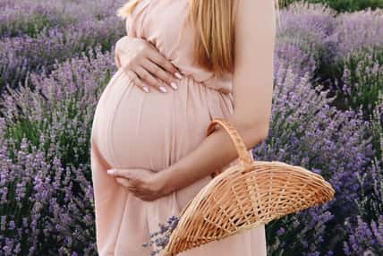 Pregnant girl blonde in a beige dress and straw hat. Lavender field. In anticipation of a child. The idea of a photo shoot. Walk at sunset. Future mom. Basket of flowers.