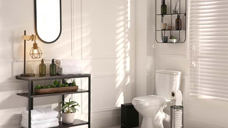 Modern toilet bowl in comfortable restroom. Interior design