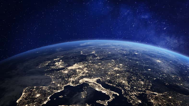 Europe at night viewed from space with city lights showing human activity in Germany, France, Spain, Italy and other countries, 3d rendering of planet Earth, elements from NASA