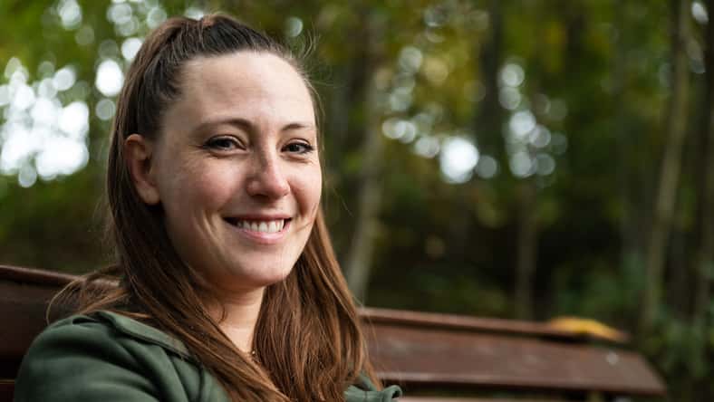 Portrait of a thirty year old attractive white woman outdoors, s