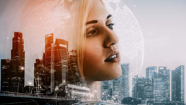 Double Exposure Image of Business Person on modern city background. Future business and communication technology concept. Surreal futuristic cityscape and abstract multiple exposure interface. uds