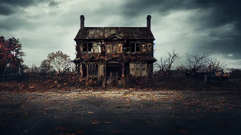 Haunted house, old worn-down abandoned home, creepy and spooky
