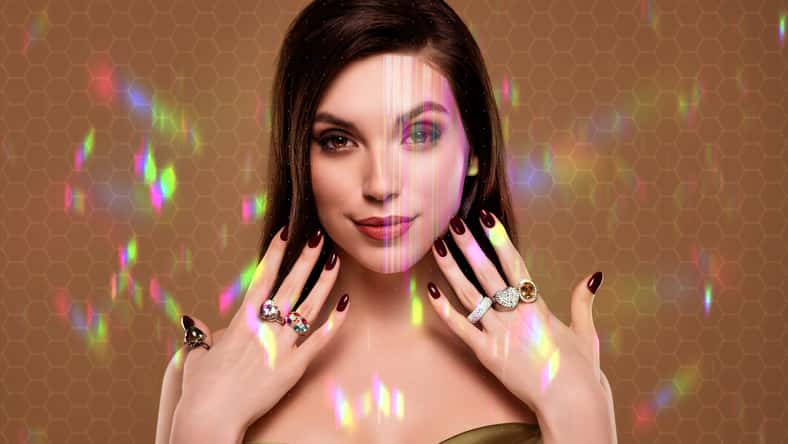 Collage pop retro sketch of wealthy millionaire lady show fingers precious rings scan face beauty device skin analyzing.