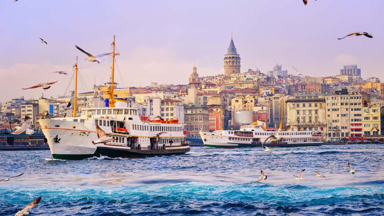 Ships crossing the Golden Horn, Istanbul, Turkey