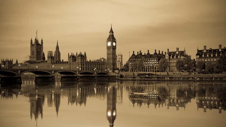 Vintage picture of London Big Ben and House of Parliament viewed at sunrise in London. England