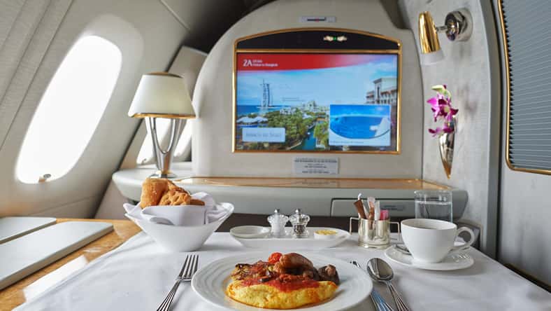 DUBAI, UAE - CIRCA MARCH, 2015: Emirates Airbus A380 first class interior.