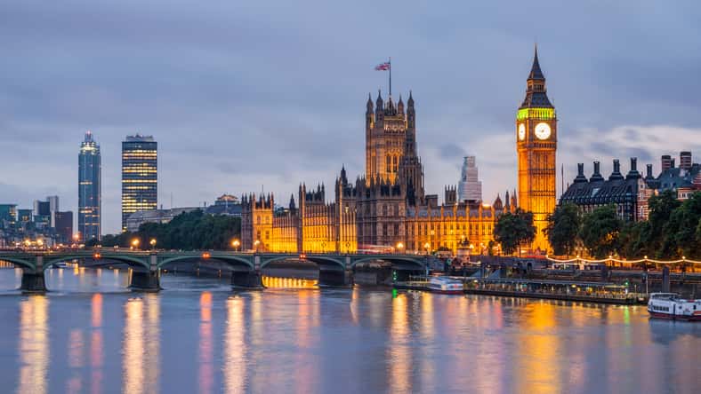 Big Ben and Westminster Bridge at dusk,