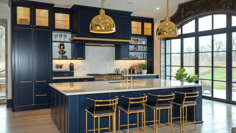 A luxurious modern kitchen with navy blue cabinetry- gold pendant lighting- and an elegant island- combining contemporary design with chic- upscale finishes