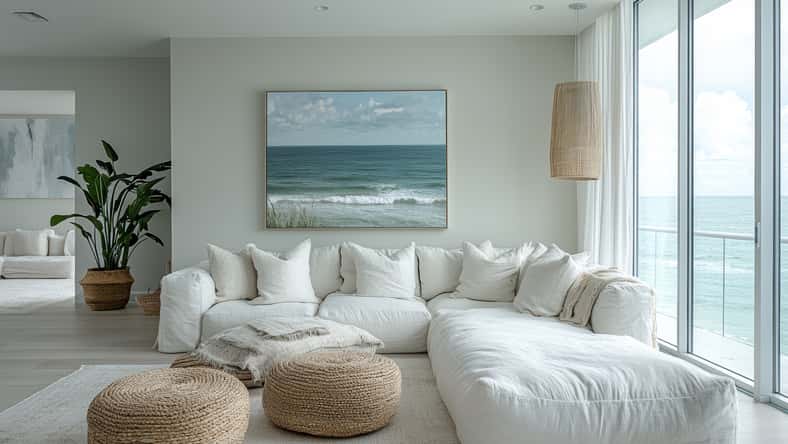 Coastal living room design modern coastal retreat interior design bright space relaxing atmosphere minimalist style