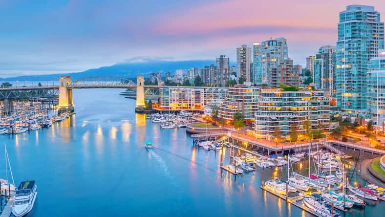 Beautiful view of downtown Vancouver skyline, British Columbia, Canada at sunset