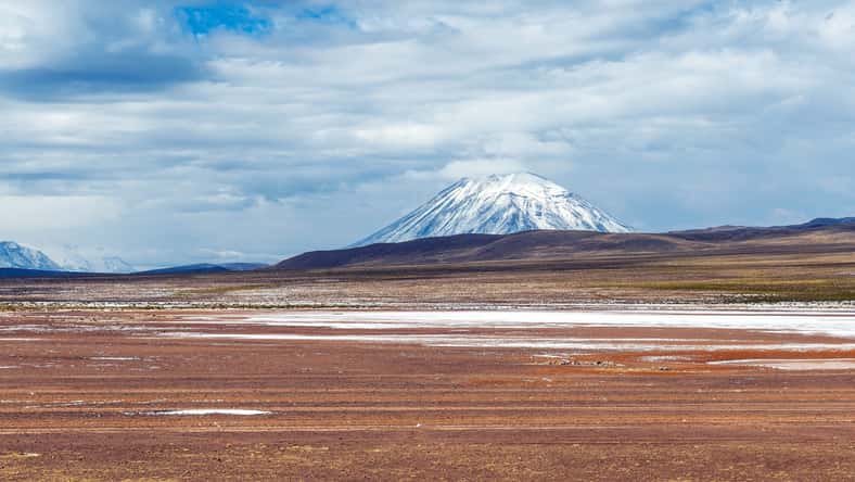 Misti volcano with snow and altiplano, Salinas y Aguada Blanca national reserve, Arequipa province, Peru.