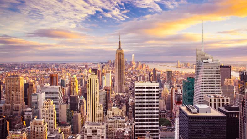 Sunset view of New York City looking over midtown Manhattan