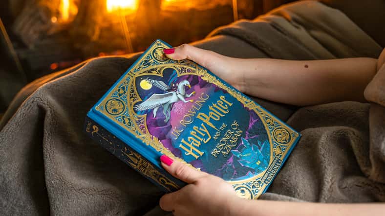 Teenage girl reading a Harry Potter book near the fireplace. New books from MinaLima publishing house.