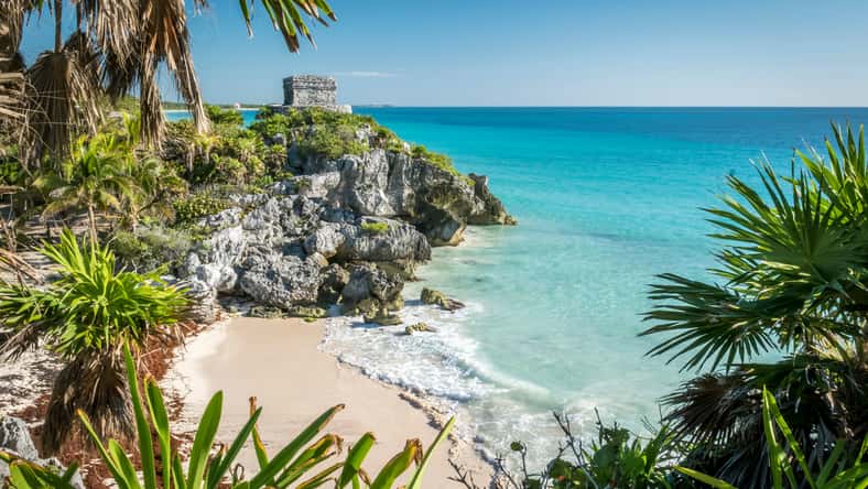 Tulum mayan ruins on the sea in yucatan mexico