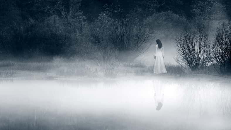 Lady at the lake, vintage filter - horror scene
