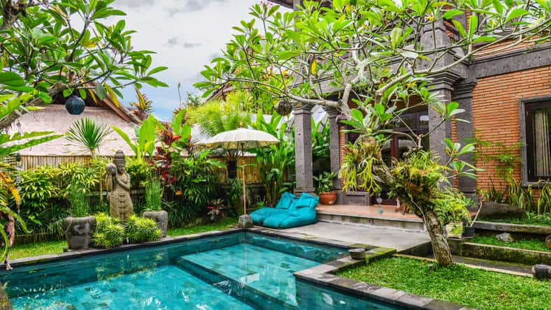Garden on back yard with swimming pool and cozy gazebo near traditional balinese house for rent, Ubud, Indonesia
