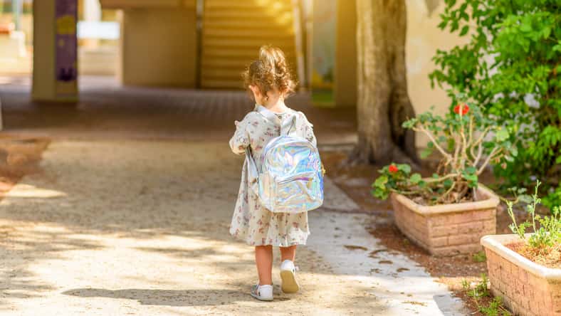 Happy kid back to school. Little girl with backpack go to elementary school. Child of primary school.Back view of pupil going to school for the first time.