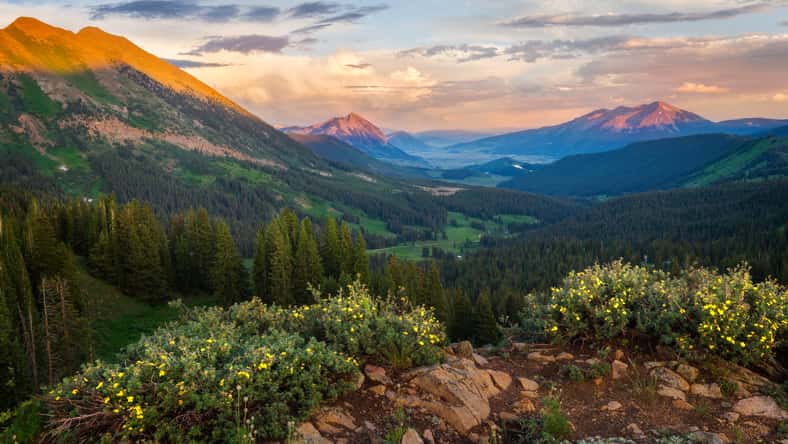 A beautiful sunset on the mountainside overlooking Mt Crested Butte on a wildflower summer day