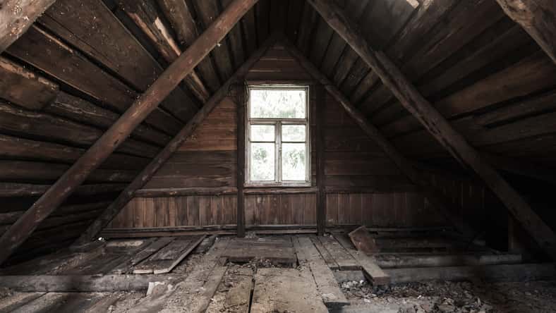 Abstract grunge interior, perspective view of an abandoned attic room with glowing window