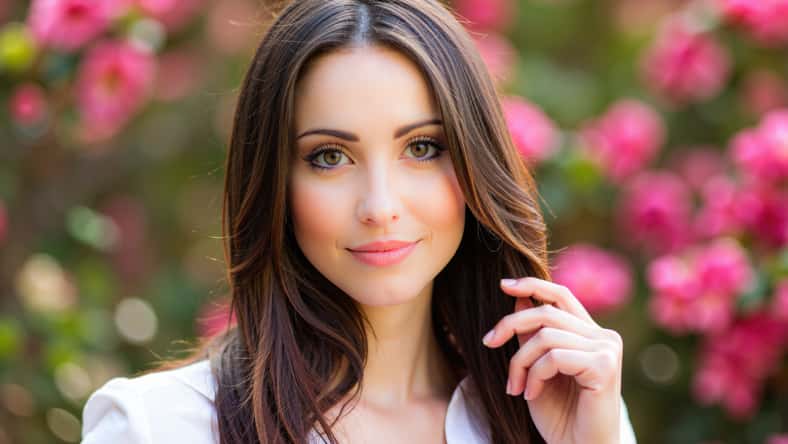 Portrait of attractive young woman with long brown hair, wearing a white shirt, gently touching her hair and smiling in front of rose bushes in full bloom