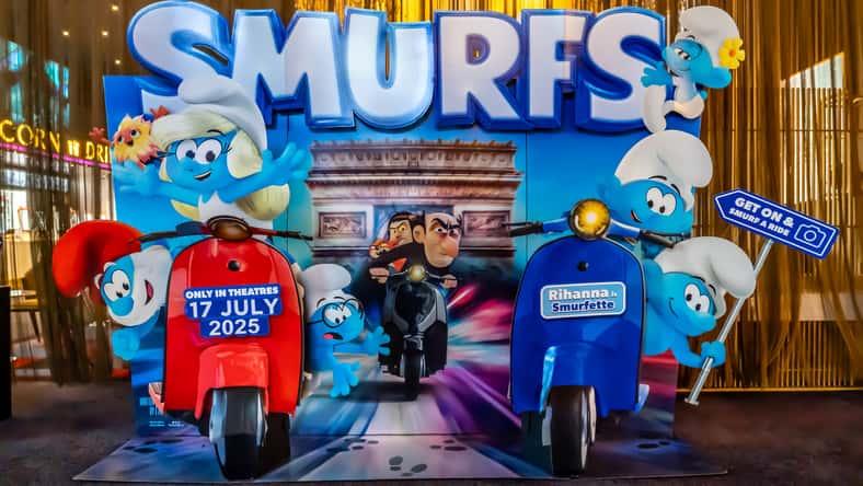 A beautiful standee of a movie called Smurfs Display at the cinema to promote the movie