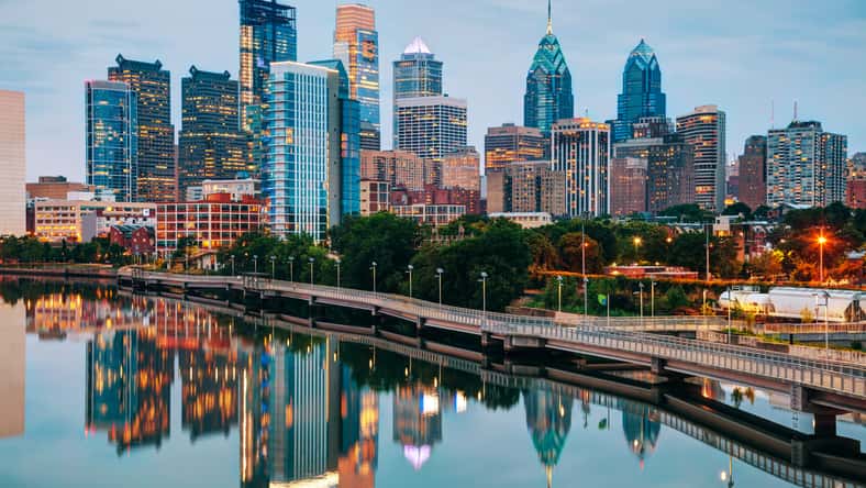 Philadelphia skyline at night with the Schuylkill river