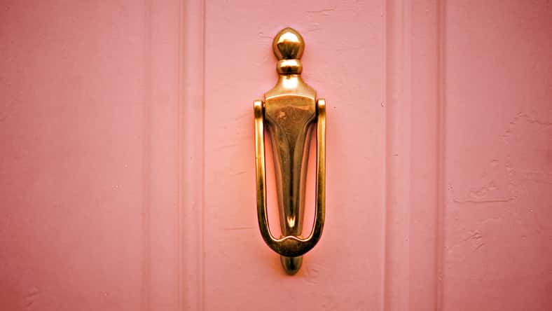 A metal knocker on a wooden door in warm hues
