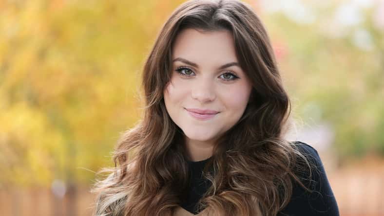 Close up Portrait of 18 Years Old Beautiful, Gorgeous Girl with Long Brown hair and Big eyes, Blurry Fall Background, Happy Teenager