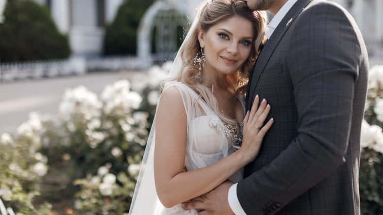 portrait of a happy bride and groom, wedding love emotions. High quality photo
