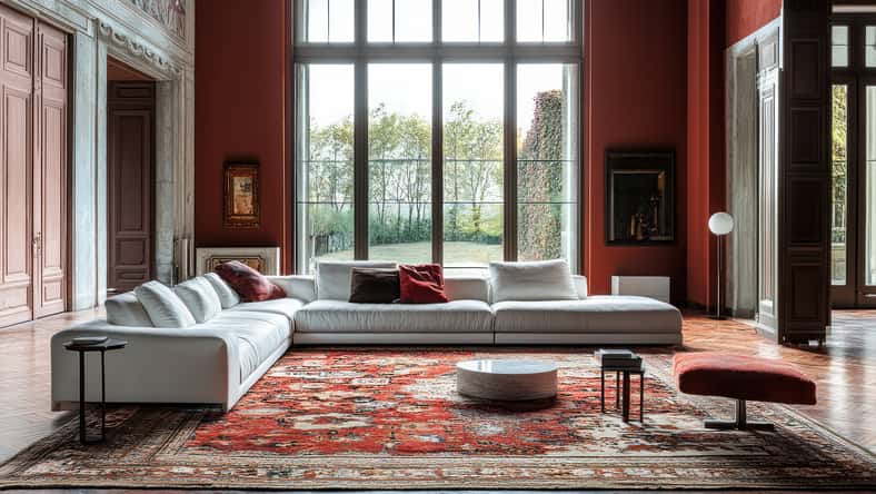 An interior shot showcasing an expansive living area, complete with a luxurious white sofa and a richly patterned red area rug. The room, bathed in natural light from a large window, boasts elegant parquet flooring, enhancing the space's contemporary feel. An ottoman and minimalist tables complete the scene, emphasizing comfort and modern design.