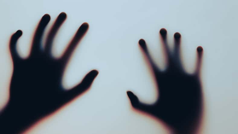 A silhouette of two hands pressed against a translucent surface creates a mysterious and suspenseful atmosphere. The blurred effect adds intrigue and a sense of the unknown, perfect for concepts related to fear, mystery, or artistic expression.