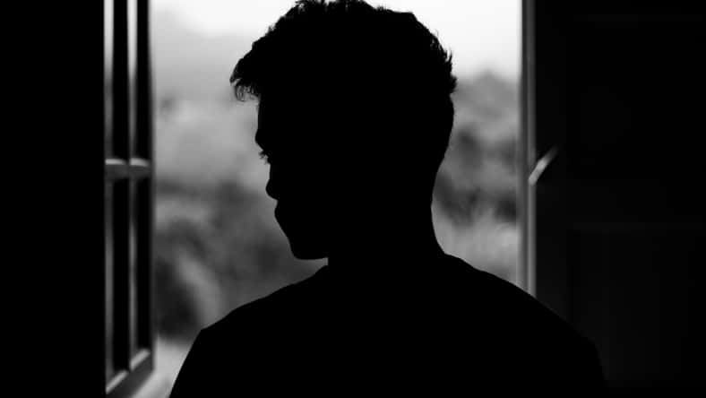 Sad men black silhouette window alone black and white