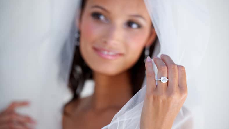 Diamond, wedding ring and hand of bride