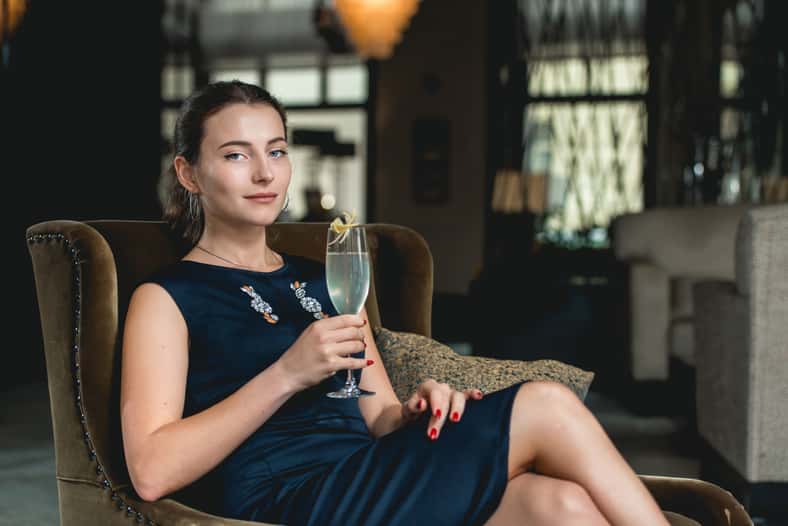 Fashionable gorgeous girl in a dark blue