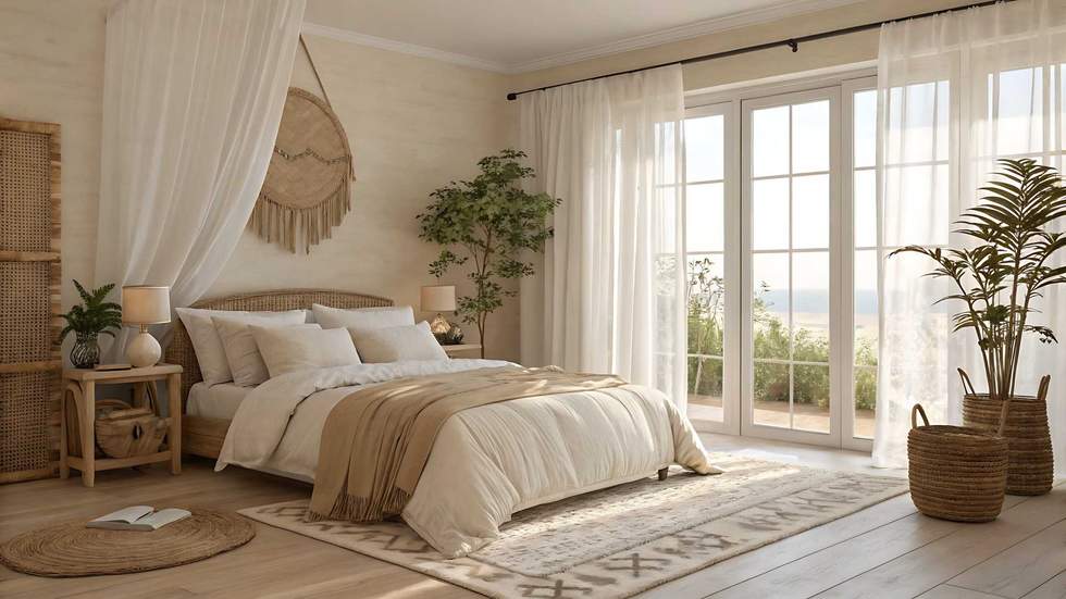 A serene bedroom with natural light and neutral tones featuring plants