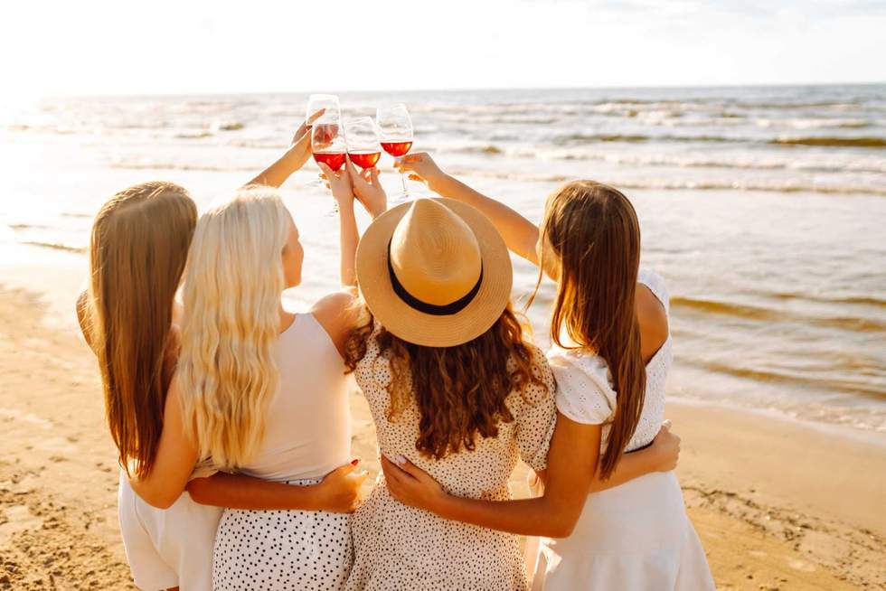 Clinking glasses of wine. Women party with friends at the beach. Summer picnic. Hen-parties. Bachelorette.