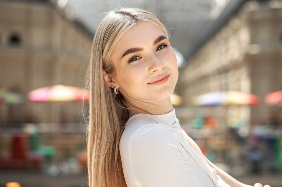 Close-up portrait of a young beautiful blonde girl