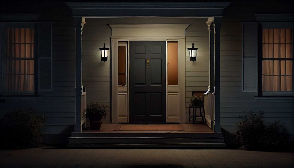 Exterior of luxury home in evening, entrance door.